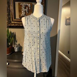 J Crew Factory Chambray Button Down Sleeveless Shirt with Navy Polka Dot…